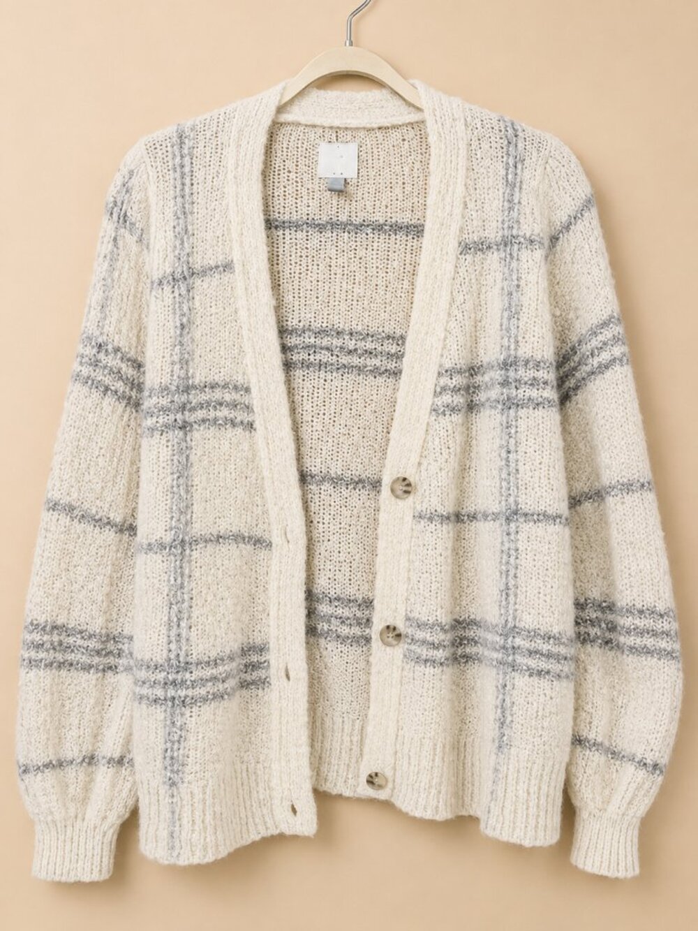 Joie Cream Cardigan with Gray Plaid Stripes Sz M